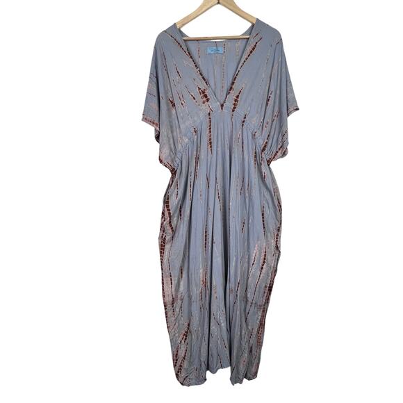 COCO DE CHOM Goddess Tie Dye Kaftan Maxi BOHO Dress V-Neck Lightweight OS - Picture 3 of 11